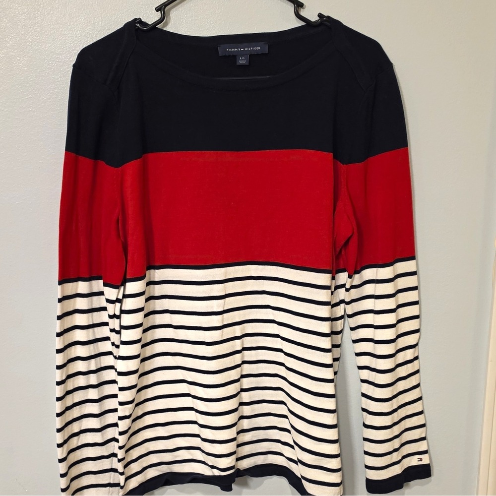 Tommy Hilfiger Navy Red White Striped Cotton Knit Pullover Sweater L #372